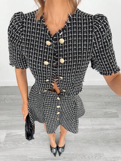 Siren Gaze Business Casual Woman Teacher Outfits For Women Back To School Clothes Fall Women Clothes  Black Raw Edge Tweed Short Sleeve Cropped Jacket For Commuting, Leisure, Work And Dating Women Lightweight Jackets Old Money Style Back To School Wome Teacher Outfits For Women Winter Clothes For Women Autumn Clothes Elegant Plaid Check Black