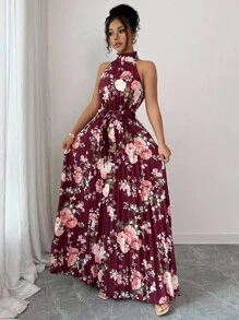 Elenzga 女士无袖露背A字型花卉印花优雅浪漫连衣裙 - 彩色 - 查看 3