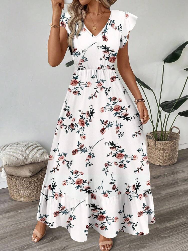 Vestido maxi con cuello en V, volantes y mangas y bajo con vuelo, vestido floral casual de vacaciones para mujer, vestido floral largo, vestido floral blanco, vestido floral casual, ropa de otoño