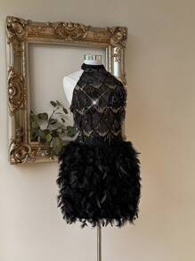 Lovelzi 优雅奢华黑色串珠刺绣手工钻石羽毛装饰短款露背鸡尾酒会礼服