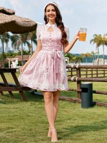 Firerie 女士优雅慕尼黑啤酒节蕾丝边方领交叉系带可拆卸蕾丝围裙 A 字粉色短裙、连衣裙 - 粉色 - 查看 11