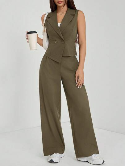 SHEIN PETITE Two Pieces Fall Outfits 2pcs/Set Women Solid Color Sleeveless Top And Pant Fall Clothes