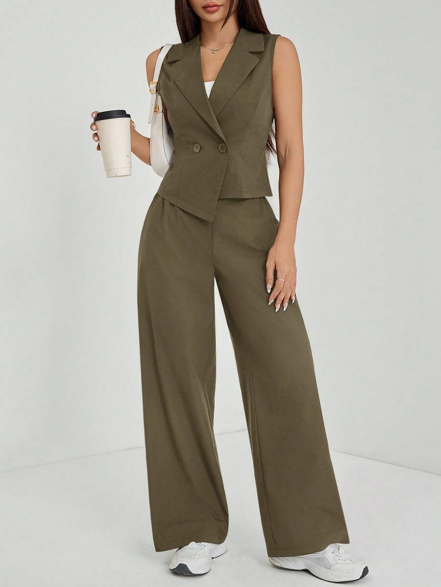 SHEIN PETITE Setelan Musim Gugur Dua Potong 2pcs/Set Wanita Atasan Tanpa Lengan dan Celana Warna Polos, Pakaian Musim Gugur untuk Wanita Bertubuh Mungil - Hijau Tentara - View 1