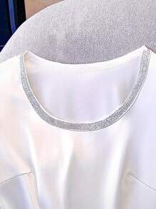 SHEIN Women's Rhinestone Decor Round Neck Casual Versatile Short Sleeve T-Shirt, Summer - White - View 4