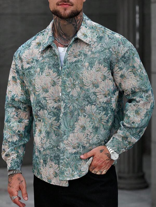 Manfinity Homme Men's Elegant Jacquard Shacket, Spring/Autumn, Men Floral Shirt, Floral Men Shirt, Flower Shirt For Men, Long Sleeve Floral Men S Shirt, Sage Men Shirt