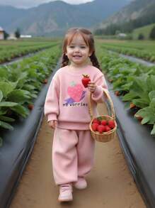 SHEIN 2-Pack Baby Girl Fashion Cute Strawberry Pattern Embroidered Long-Sleeved Top And Pants Set Suitable For Autumn And Winter Daily Wear Fall - Pink - View 8