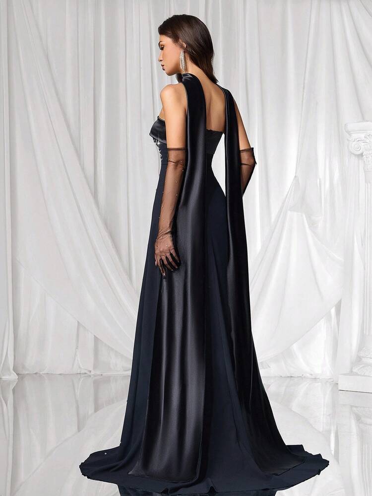 Coutiva 女式水钻装饰露肩正式晚礼服，束腰，优雅 - 黑色 - 查看 5