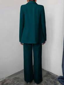 EURMUSE Women's Solid Color Double-Breasted Jacket And Pants Suit Set - Teal Blue - View 2
