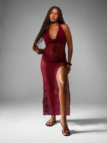 MISSGUIDED Crochet Beach Cover Up Dress Cowl Neck Halter Maxi Resort Wear Holiday Beach Dress See Through Net Cover Up Swimsuit - Red - View 6