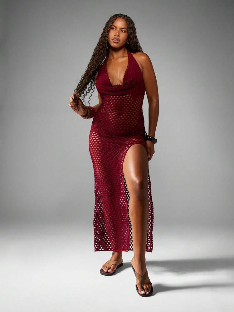 MISSGUIDED Robe de plage au crochet, col bénitier, cache-maillot de plage maxi à franges, tenue de vacances, robe de plage transparente en filet