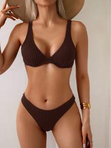 Swim Vcay 简约休闲度假聚拢加厚泳衣套装 - 棕色 - 查看 3