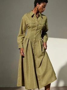 Aveloria Modichic فستان طويل بتصميم أخضر ليموني جمالي، مزين بجيوب وتصميم شق جانبي مزدوج، مناسب للتجول في المعارض الفنية وزيارة المقاهي - أخضر - مشاهدة 6