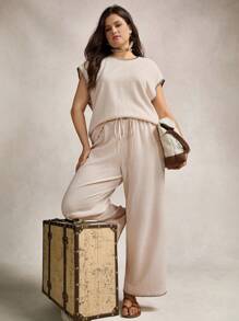 Zelara Plus Size Women 2Pcs Set Contrast Color Ruffle Short Sleeve Top & Wide Leg Linen Pants,Beige,Summer,Casual,Curve,Loungewear Outfit Old Money Style - Apricot - View 3