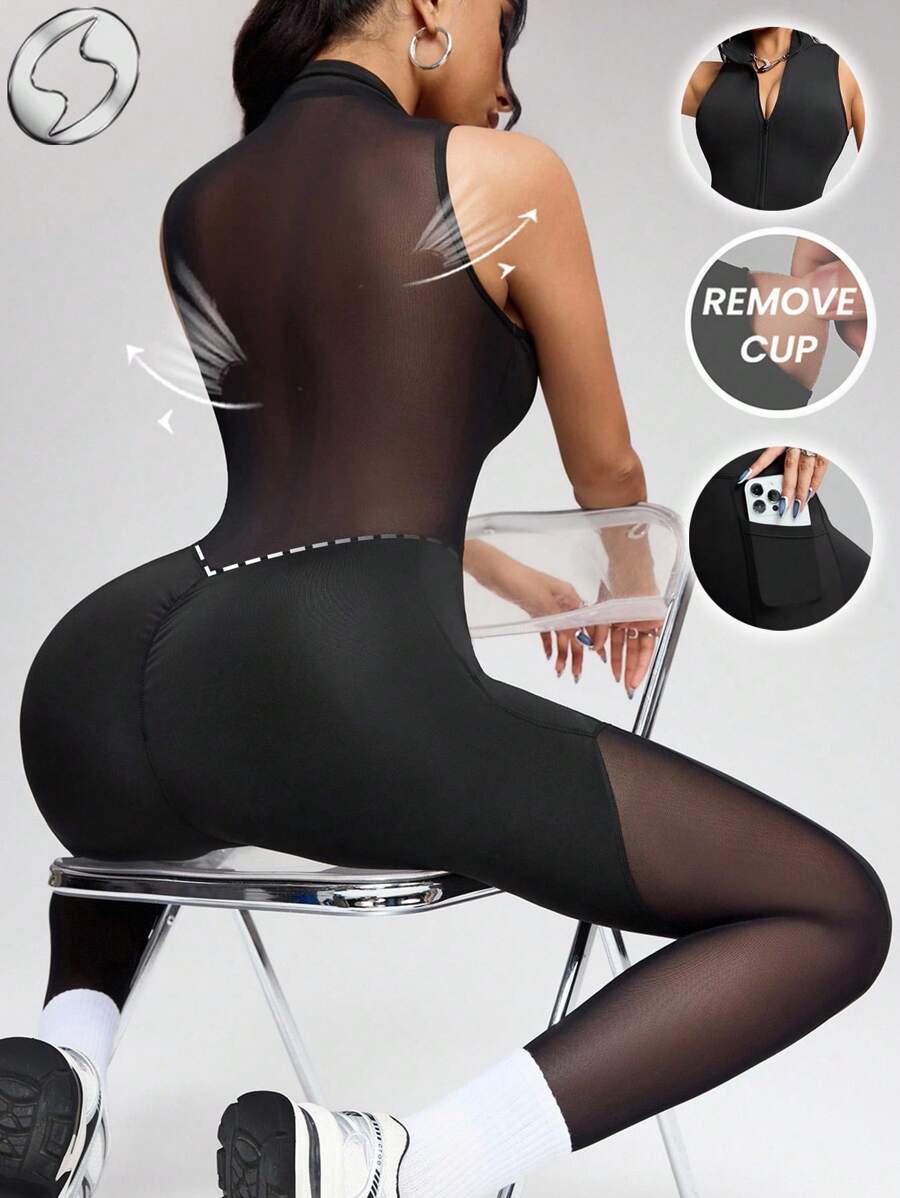 Innovista Woman Essential Solid Workout Jumpsuit With Built-In Bra Removable Pads Athletic Stretchy Yoga Gym Romper One Piece Exercise Suit With Mesh Cutout Breathable Fall Sports Bodysuit Boosting Design Plain Daily Basic Athleisure Overall Clothes Office To Gym Work From Home Running Biker HIIT Training Comfort Movement Cardio Cycling CrossFit Outdoor Exercise Healthy TT Viral IG Reel Ready FYP INSTA OOTD Black Working Mom Fitness Performance Gear Minimalist Natural Tone Clean Girl Pilates Princess Influencer Fashion Versatile Outfits Everyday Wear Durable Premium Latin European Menopause-Friendly Back To School Active Fall Fitness Collection Platform Alternative To Lulu Quality, Affordable, Budget-Friendly, Gym Outfits, Physical Training, Aerobic Exercise, Gymtok - Black - View 1