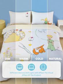 LE PETIT PRINCE X SHEIN 3 قطع طقم نوم مطبوع بالرسومات الكرتونية، قماش مخملي ناعم ودافئ، غطاء لحاف أبيض، مقاس كينج، بنمط الثعلب والورود والنجوم والقمر، متعدد المقاسات يناسب أسرّة توين/فول/كوين/كينج