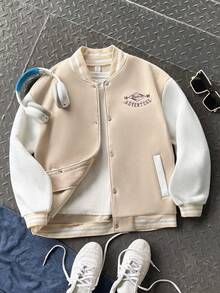 SHEIN Teens Youth Casual Baseball Varsity Jacket,Embroidery Contrast Collar,Versatile For Back-To-School,Autumn,Graduation,Spring Summer Fall Winter Sports - Apricot - View 2