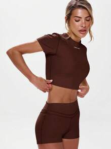 Musera Sport 圆领短袖修身上衣，适合运动、健身、健身房、板式网球、网球、匹克球、瑜伽、普拉提等运动，日常休闲夏季穿着 - 棕色 - 查看 2