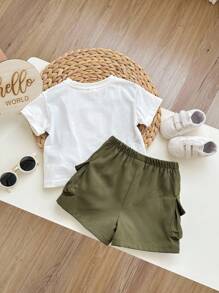 Ensemble Décontracté Pour Bébé Garçon À Col Rond Ample, Avec Lettre Et Imprimé À Blocs De Couleurs, T-shirt À Manches Courtes Et Short - Multicolore - Voir 2
