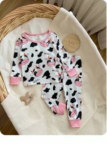 2pcs Baby Girl Snug Fit Cute Cow Print Colorblock Round Neck Long Sleeve Pajama Set, Soft & Comfortable For Autumn/Winter