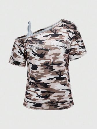 Grunge Punk T-shirt ample femme 2 en 1 avec impression texturée d'aile punk sombre, décoration de strass et épaule oblique