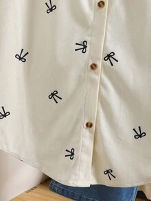 SHEIN 少女外套，杏色底蝴蝶结印花少女外套，灯芯绒内衬，宽松版型，休闲日常风格 - 杏色 - 查看 4