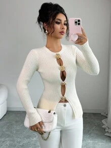Selianne 奶油黄色长袖圆领腰饰纽扣优雅浪漫精致女士毛衣针织套头衫秋冬 - 奶油色 - 查看 3