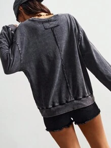 Bohemela 秋冬波西米亚风休闲纯色针织圆领宽松水洗女式运动衫 - 黑色 - 查看 7