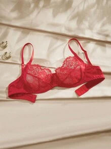 Charlaine 女士时尚蕾丝法式无钢圈文胸，优雅休闲内衣文胸 - 紅色 - 查看 5