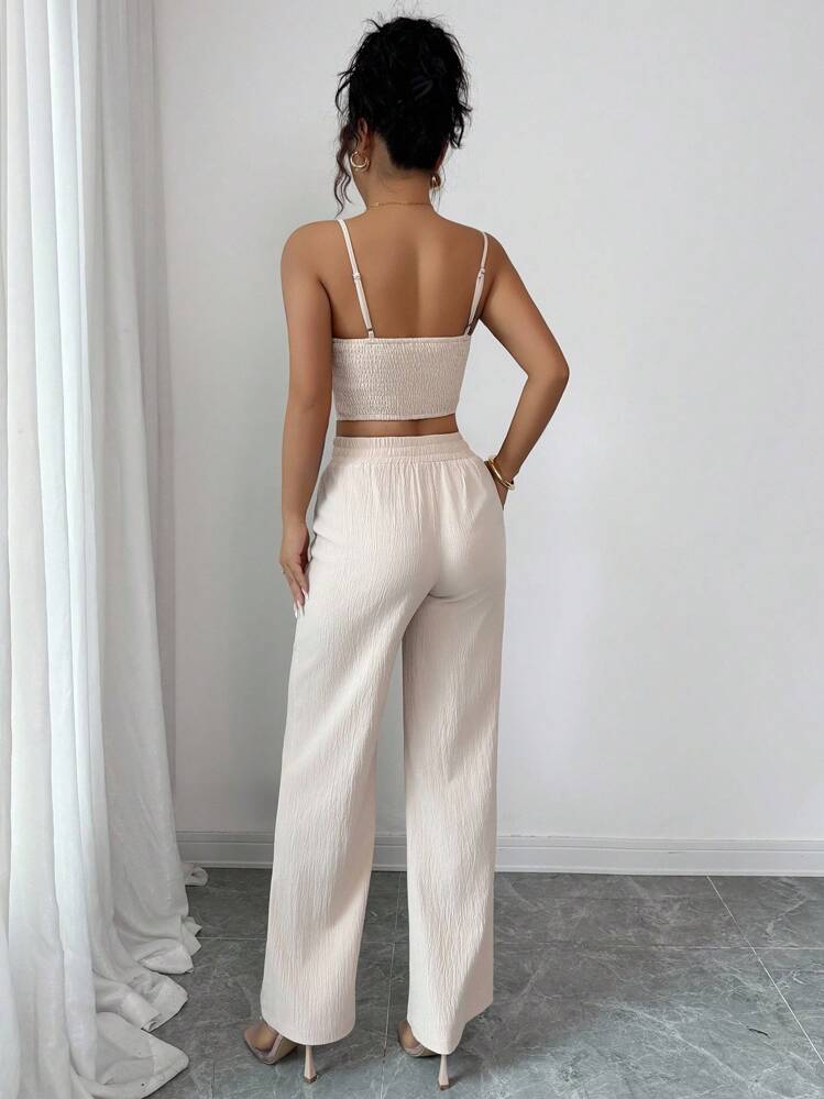 SHEIN PETITE 女士休闲纯色高腰吊带背心和阔腿裤套装 - 卡其色 - 查看 2