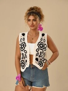 SHEIN TRVLCHIC Plus Size Nữ Màu sắc tương phản Áo thêu hoa không tay thông thường Áo vest - Nhiều màu - Xem 3