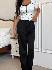 SHEIN Young Style Knitted Pajama Pant Set With Lettuce Trim And Crop Top Pajama Sets For Women Women Pajama Set Lounge Wear Women Set Sleepwear Set Women Two Pieces Pajama Set Women - Multicolor - View 3