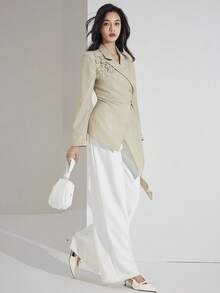 Heiryn 女士3D花卉装饰翻领长袖西装外套长袖西装外套立体花卉下摆不对称韩版风格秋季女装 - 綠色 - 查看 8