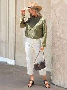 Wildy Chaqueta ligera de mujer minimalista y casual en verde salvia, chaqueta de otoño para mujeres, chaqueta de primavera para mujeres, chaqueta de verano para mujeres en verde oliva, chaqueta de invierno para mujeres, vuelta al colegio, graduación, atuendo occidental para mujeres, atuendo campestre para mujeres, blusas de salida para mujeres, blusas de trabajo para mujeres - Verde - Ver 3