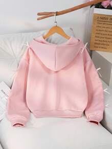SHEIN Teenage Girls' Solid Color Fashionable Bow Sweatshirt Jacket, Comfortable Fleece Sweatshirt Fabric, Stylish Sleeve Design, Overall Youthful And Energetic Girl Style, Suitable For Back To School Season Or Everyday Outdoor Wear Fall Winter - Pink - View 2