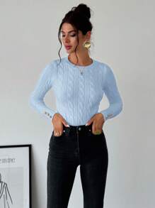 Firerie Women's Minimalist Elegant Casual College Style Versatile White Crew Neck Cable Knit Button Decor Fitted Sweater In Fall/Winter