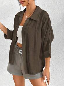 SHEIN PETITE Brown Blouse Loose Shirt - Brown - View 6