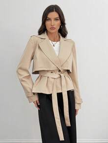 SHEIN Tall 秋冬女士纯色翻领插肩袖短款风衣系腰夹克 - 駝色 - 查看 5