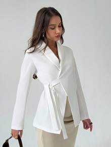 Aloruh 女士休闲商务通勤简约纯色长袖西装外套（秋冬） - 白色 - 查看 5