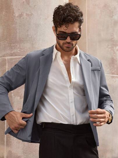 Manfinity VCAY Blazer casual de hombre de tejido suelto a rayas, traje de raya diplomática gris, traje de verano para hombre, chaqueta deportiva para hombre, conjunto de traje para hombre, traje de verano gris para hombre, blazer gris, para otoño e invierno
