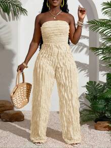 Slaydiva 2025 Summer New Arrival, Music Festival, Wedding Season, Easter, Western Style, Nomadic Style, St. Patrick's Day, Birthday Party, Graduation Season, Student Wear, Daily Casual, Leisure, Vacation, Cruise Travel, Beach, Sunbathing, Fashionable, Texture, Strapless, Yellow, Plus Size Women Jumpsuit Ruffle Jumpsuit Women Jumpsuit Summer Jumpsuit Vacation Outfit Tube Top Jumpsuit - Apricot - View 9