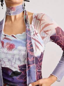 ROMWE Avant New Chinese Style Printed Mesh Fitted Dress With Scarf - Multicolor - View 6