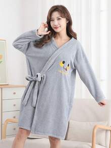 SHEIN Phụ nữ mặc áo choàng tắm có thể mặc váy tắm dài tay ren chéo bằng vải san hô dày kèm khăn tắm, phù hợp cho phòng tắm/phòng ngủ/phòng khách - Nhiều màu - Xem 11