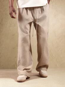 SUMWON Pantalones anchos de pierna con textura de lino, cómodos y de ajuste relajado con cordón, ropa casual de resort, transpirables de fibra natural para verano, primavera y otoño - Albaricoque - Ver 4