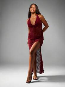 MISSGUIDED Crochet Beach Cover Up Dress Cowl Neck Halter Maxi Resort Wear Holiday Beach Dress See Through Net Cover Up Swimsuit - Red - View 4