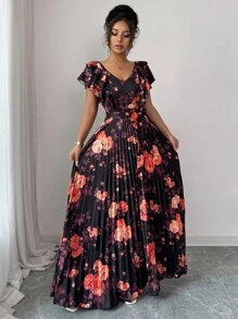 Elenzga فستان نسائي أنيق رومانسي بطبعة رقمية على الرقبة على شكل حرف V، بخصر مكشكش وتنورة على شكل حرف A، بأسلوب عطلة