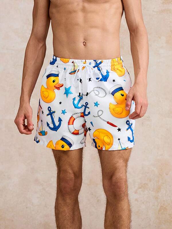 Surfspeed Men's Casual Printed Duck & Anchor Pattern Drawstring Waist Shorts, Versatile Beach/Sport Shorts For Summer