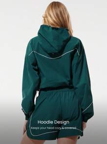 GLOWMODE 清爽光泽光滑轻质对比滚边可调节松紧带风衣连帽夹克中等强度跑步慢跑徒步健身房工作室日常休闲装 - 綠色 - 查看 3