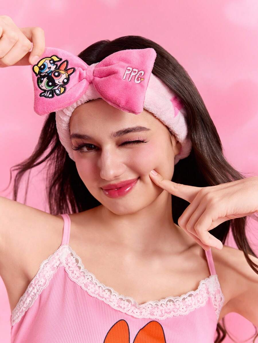 THE POWERPUFF GIRLS X SHEIN 1 件花朵、泡泡、毛茛刺绣柔软蝴蝶结头带，浴室和淋浴头带，适合洗脸和化妆，粉色发带 - 粉色 - 查看 1