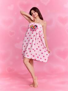 THE POWERPUFF GIRLS X SHEIN 1 件心形和花朵、泡泡、毛茛图案吸水柔软浴裙/毛巾 - 粉色 - 查看 5