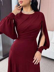 Feyla 女士时尚优雅浪漫褶饰腰部开袖中长连衣裙 - 酒紅色 - 查看 7